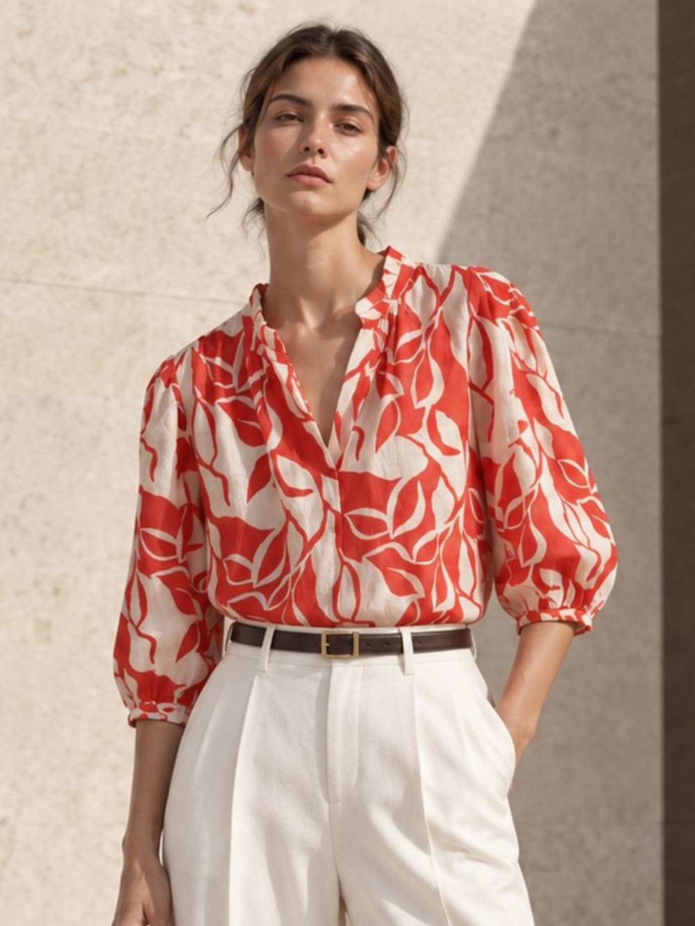 NWT TRAVOTA Birds of Paradis Red Floral Ruffle Neck Blouse Size Large